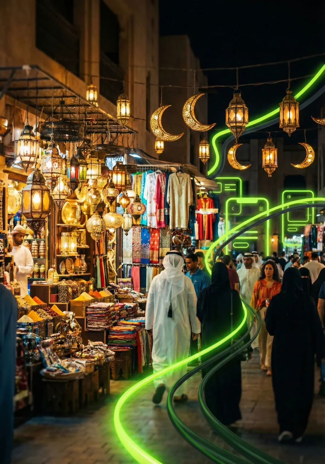 A bustling traditional Middle Eastern souq at night, illuminated by numerous ornate hanging lanterns and glowing crescent moon decorations, with a vibrant green digital neon line weaving through the crowd to symbolize modern connectivity.