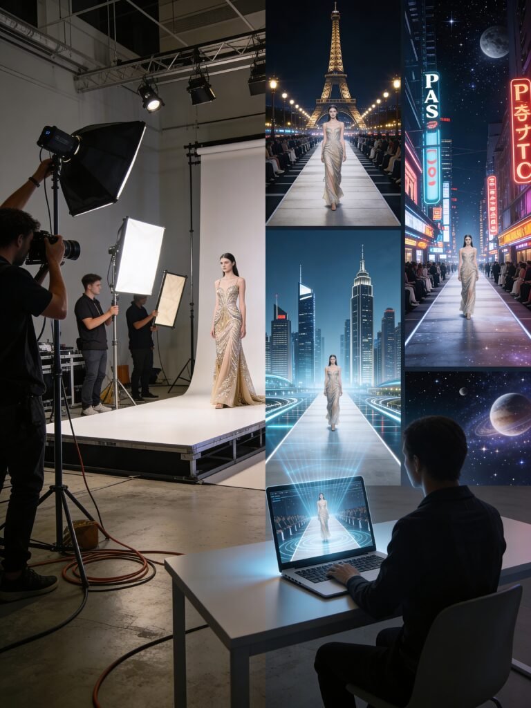 A split-screen comparison showing a physical fashion shoot in a studio versus AI-generated variations of a model in Paris and a futuristic city.