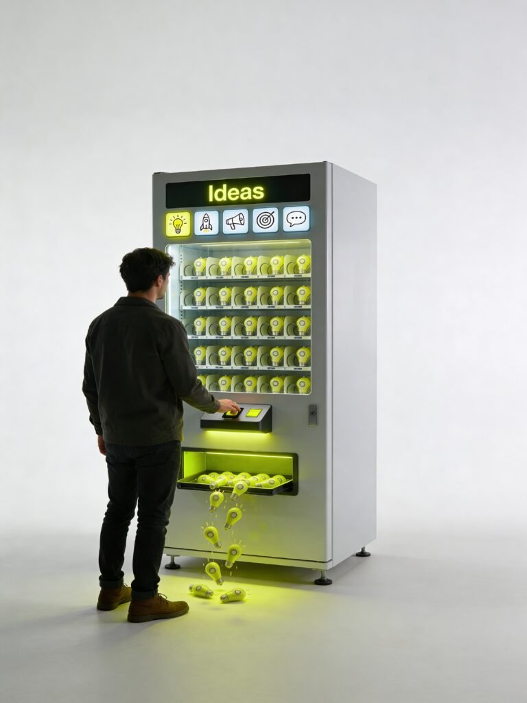 A man standing at a sleek, futuristic white vending machine labeled "Ideas," filled with glowing yellow lightbulbs.